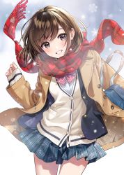 Rule 34 | 1girl, bob cut, bow, bowtie, brown eyes, brown hair, buttons, coat, looking at viewer, morikura en, open clothes, open coat, original, plaid, plaid scarf, pleated skirt, red scarf, scarf, school uniform, short hair, skirt, sleeves past wrists, smile, snowflakes, snowing, solo, standing, teeth, uniform, wind, wind lift, winter clothes