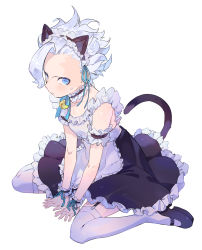 Rule 34 | 1boy, absurdres, alternate costume, animal ears, apron, aqua ribbon, arm garter, asymmetrical bangs, bare shoulders, belafu (human), bell, black choker, black dress, black footwear, black tail, blush, cat ears, choker, closed mouth, commentary request, crossdressing, dress, enmaided, fake animal ears, frilled apron, frilled choker, frilled dress, frilled hairband, frilled shirt collar, frills, full body, grey hair, hairband, highres, leaning forward, looking at viewer, made in abyss, maid, male focus, maromayu, mary janes, neck bell, neck ribbon, ribbon, shoes, short hair, sitting, solo, thighhighs, wariza, wavy hair, white apron, white background, white thighhighs, wrist cuffs
