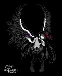 Rule 34 | 10s, 1girl, 2014, akemi homura, akuma homura, black background, black hair, black pantyhose, black wings, bow, dark orb (madoka magica), dated, facing viewer, feathered wings, finger to mouth, hair bow, hair over eyes, highres, long hair, mahou shoujo madoka magica, mahou shoujo madoka magica: hangyaku no monogatari, mistery, monochrome, no eyes, pantyhose, pleated skirt, school uniform, shushing, signature, simple background, skirt, smile, solo, spoilers, wings