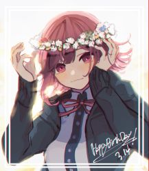 Rule 34 | 1girl, arms up, black hoodie, breasts, commentary request, danganronpa (series), danganronpa 2: goodbye despair, eyebrows hidden by hair, flipped hair, flower, flower necklace, framed, hair flower, hair ornament, hand in own hair, happy birthday, highres, hood, hoodie, large breasts, lei, light background, looking at viewer, nanami chiaki, no nose, pink eyes, pink hair, pink ribbon, ribbon, roll08081227, shirt, short hair, simple background, solo, white background, white shirt
