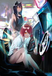 Rule 34 | 2girls, absurdres, animal ears, arcade, arknights, bare arms, bare legs, black shorts, black tank top, blurry, blurry background, boots, can, commentary request, drink, energy wings, exusiai (arknights), gawako, grey shorts, halo, hand in pocket, highres, holding, holding drink, huge filesize, indoors, multiple girls, open mouth, orange eyes, red hair, shirt, short hair, short sleeves, shorts, sitting, slit pupils, smile, standing, t-shirt, tank top, texas (arknights), white shirt, wolf ears