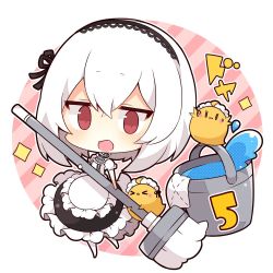 Rule 34 | &gt; &lt;, 1girl, :d, afterimage, ahoge, anchor, animal, apron, azur lane, bird, black skirt, bucket, chibi, chick, closed eyes, commentary request, diagonal stripes, frilled apron, frilled skirt, frills, full body, hair between eyes, holding, holding mop, maid, maid headdress, manjuu (azur lane), mop, muuran, official art, open mouth, puffy short sleeves, puffy sleeves, rag, red eyes, short sleeves, sirius (azur lane), skirt, smile, solo, striped, striped background, sweat, waist apron, water, white apron, white hair