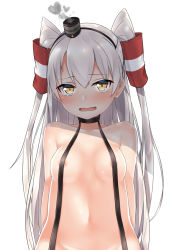 Rule 34 | 1girl, amatsukaze (kancolle), areola slip, black hair, black hairband, blush, breasts, brown eyes, collarbone, commentary request, groin, hair between eyes, hair tubes, hairband, hat, hekomii, kantai collection, long hair, mini hat, navel, nude, open mouth, out-of-frame censoring, silver hair, simple background, small breasts, smokestack, solo, two side up, very long hair, wavy mouth, white background