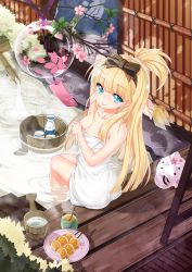 Rule 34 | 1girl, absurdres, bare shoulders, blonde hair, blue eyes, bottle, bow, branch, breasts, bucket, card, cherry blossoms, cleavage, collarbone, covering privates, covering breasts, cup, dango, food, from above, hair bow, half updo, highres, holding, holding card, incense, kikimi, long hair, looking at viewer, looking back, mosquito coil, naked towel, official art, onsen, original, paper, plate, sake bottle, sitting, smile, soaking feet, solo, souseiki aster gate, tea, towel, wagashi, water, wind chime, wooden bucket