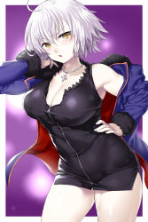 Rule 34 | 1girl, absurdres, ahoge, black dress, blush, border, breasts, cowboy shot, dress, fate/grand order, fate (series), fur collar, fur trim, hair between eyes, hand on own hip, highres, jacket, jeanne d&#039;arc (fate), jeanne d&#039;arc alter (fate), jeanne d&#039;arc alter (ver. shinjuku 1999) (fate), jewelry, large breasts, necklace, official alternate costume, onsoku inu, open clothes, open jacket, purple background, short hair, silver hair, solo, tsurime, white border, wicked dragon witch ver. shinjuku 1999, yellow eyes