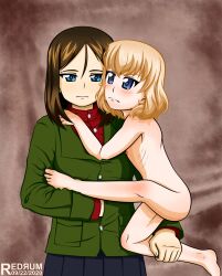 2girls blonde_hair blue_eyes blush brown_hair fine_art_parody girls_und_panzer highres katyusha_(girls_und_panzer) long_hair multiple_girls nonna_(girls_und_panzer) nude parody parody_request pravda_school_uniform redrum_(haghighiaria25) school_uniform short_hair signature