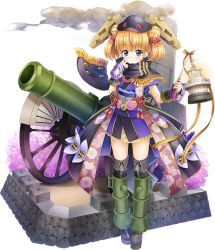 Rule 34 | 1girl, black scarf, blonde hair, blue eyes, boots, cannon, double bun, full body, hair ornament, helmet, holding, holding lantern, kanna (chaos966), lantern, looking at viewer, official art, oshiro project:re, oshiro project:re, scarf, shinagawa daiba (oshiro project), solo, thigh boots, thighhighs, transparent background, two side up