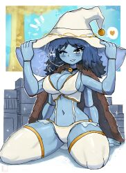 Rule 34 | 1girl, absurdres, arm support, bell, blue eyes, blue hair, blue lips, blue skin, blush, bra, breasts, brown cape, cape, choker, cleavage, collarbone, colored skin, crate, doll joints, elden ring, extra arms, eyeshadow, from software, grin, hat, heart, highres, jingle bell, joints, large breasts, long hair, looking at viewer, makeup, navel, one eye closed, panties, pom pom (clothes), ranni the witch, scar, scar across eye, sitting, sky, smile, sparkle, speech bubble, spoken heart, teeth, thick thighs, thighhighs, thighs, tony welt, tree, underwear, white bra, white headwear, white panties, white thighhighs, wink, witch, witch hat