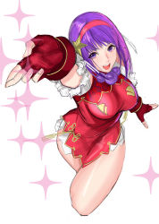 Rule 34 | 1girl, asamiya athena, breasts, china dress, chinese clothes, dress, fingerless gloves, gloves, hair ornament, highres, large breasts, looking at viewer, purple eyes, purple hair, red dress, red gloves, short hair, simple background, smile, snk, sparkle, tetsu (kimuchi), the king of fighters, the king of fighters xv, white background
