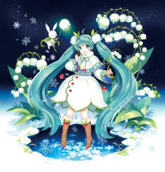 Rule 34 | 1girl, :d, absurdly long hair, ahoge, aqua eyes, aqua hair, boots, capelet, flower, full body, fur trim, hairband, hatsune miku, headset, highres, lily of the valley, long hair, looking at viewer, mistletoe, nardack, open mouth, rabbit, sky, smile, snow, snowdrop (flower), snowflake print, snowflakes, solo, star (sky), starry sky, very long hair, vocaloid, yuki miku, yukine (vocaloid)