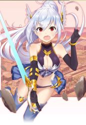 Rule 34 | 1girl, ange vierge, armor, bare shoulders, bikini armor, black gloves, blue footwear, boots, breasts, brown eyes, cleavage, elbow gloves, frown, gloves, hair ornament, head wings, long hair, looking at viewer, medium breasts, navel, non-web source, ortrin, ponytail, simple background, solo, surprised, sword, thigh boots, thighhighs, very long hair, weapon, white hair, white wings, wings