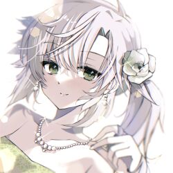 Rule 34 | 1girl, blurry, blurry background, bob cut, dress, eiyuu densetsu, fie claussell, flower, green eyes, hair flower, hair ornament, headband, jewelry, looking at viewer, natsusechoco, necklace, pearl necklace, portrait, rose, sen no kiseki, smile, solo, white flower, white hair, white rose