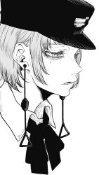 Rule 34 | 1girl, chainsaw man, earrings, fami (chainsaw man), greyscale, haru rice, hat, highres, jewelry, looking to the side, military hat, mole, mole under eye, monochrome, open mouth, ringed eyes, short hair, simple background, solo, tassel, tassel earrings, white background