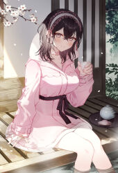 Rule 34 | 1girl, blush, breasts, choker, cup, day, grey eyes, hair ornament, hairband, highres, holding, holding cup, jacket, large breasts, long hair, long sleeves, looking at viewer, original, outdoors, partially submerged, pink choker, pink jacket, sitting, smile, solo, syandega, water, wet
