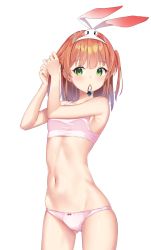 Rule 34 | 1girl, animal ears, arms up, bare arms, bare shoulders, blush, bow, bow panties, bra, breasts, closed mouth, commentary request, fake animal ears, gluteal fold, green eyes, groin, hair tie, hair tie in mouth, hairband, highres, k mugura, mouth hold, navel, orange hair, panties, pink bra, pink panties, princess connect!, rabbit ears, rino (princess connect!), rino (wonderland) (princess connect!), simple background, small breasts, solo, two side up, tying hair, underwear, underwear only, white background, white hairband