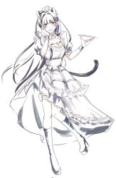 Rule 34 | 1girl, animal ears, black hair, blush, boots, cat ears, cat tail, full body, hand on own cheek, hand on own face, high heels, highres, holding, holding plate, laiminglingke1, long hair, looking at viewer, maid, maid headdress, meloco kyoran, meloco kyoran (2nd costume), multicolored hair, nijisanji, nijisanji en, plate, purple eyes, purple hair, simple background, smile, solo, streaked hair, tail, thigh strap, very long hair, virtual youtuber, white background