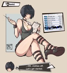 Rule 34 | 1girl, black hair, breasts, cleavage, crossed legs, doctor, large breasts, legs, looking at viewer, mature female, persona, persona 5, short hair, smile, solo, takemi tae, thighs