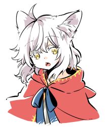 Rule 34 | 1girl, animal ears, cape, cat ears, cat girl, chestnut mouth, fang, looking at viewer, mono (nekogoya), original, red cape, short hair, upper body, white hair, yellow eyes