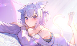 Rule 34 | 1girl, animal ear fluff, animal ears, barefoot, black camisole, breasts, camisole, cat ears, cat girl, cat tail, cleavage, hololive, jacket, large breasts, looking at viewer, lying, medium hair, nail polish, nekomata okayu, nekomata okayu (membership), official alternate costume, on stomach, purple eyes, purple hair, purple jacket, purple nails, smile, solo, tail, the pose, two side up, virtual youtuber, xyunx