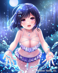 Rule 34 | 1girl, :d, back, beach, bikini, black hair, breasts, claire (falkyrie no monshou), cleavage, collaboration, falkyrie no monshou, hair ornament, jewelry, large breasts, looking at viewer, necklace, night, night sky, ocean, official art, open arms, open mouth, pink eyes, purple bikini, shell hair ornament, shinkai no valkyrie, side-tie bikini bottom, sky, smile, solo, stardrop, starfish hair ornament, stomach, swimsuit, water