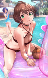 Rule 34 | 2girls, :o, absurdres, antenna hair, ass, bad id, bad pixiv id, bare legs, barefoot, bikini, black choker, blue hair, blue one-piece swimsuit, bracelet, breasts, brown hair, choker, cleavage, coconut, collarbone, commentary, drinking straw, floral print, green eyes, halterneck, hanamasa ono, highres, hotel, idolmaster, idolmaster million live!, idolmaster million live! theater days, in water, jewelry, light blush, looking at viewer, medium breasts, multiple girls, navel, one-piece swimsuit, open mouth, outdoors, pool, poolside, red bikini, sakuramori kaori, see-through, short hair, sitting, sleeveless, smile, swimsuit, thighs, toyokawa fuka, tree, water, yellow eyes