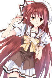 Rule 34 | 00s, 1girl, agahari, black thighhighs, blush, bow, breasts, brown eyes, hat, hat ribbon, lisianthus, long hair, pointy ears, red hair, ribbon, school uniform, shuffle!, simple background, thighhighs, very long hair, white background, yellow bow, zettai ryouiki