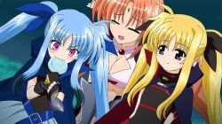 Rule 34 | 3girls, animal ears, arf, blonde hair, blue hair, breasts, candy, dog ears, closed eyes, fang, fate testarossa, food, large breasts, lollipop, lyrical nanoha, mahou shoujo lyrical nanoha, mahou shoujo lyrical nanoha a&#039;s, mahou shoujo lyrical nanoha a&#039;s portable: the battle of aces, mahou shoujo lyrical nanoha a&#039;s portable: the gears of destiny, levi the slasher, multiple girls, open mouth, purple eyes, red eyes, red hair, screencap, smile