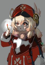 Rule 34 | 1girl, absurdres, ahoge, backpack, bag, blonde hair, blush, dress, dzao, feathers, fire, genshin impact, hair between eyes, hat, hat feather, highres, holding, holding weapon, klee (genshin impact), long hair, long sleeves, low twintails, matches, open mouth, red dress, red eyes, red hat, solo, twintails, weapon, white background, white feathers, white legwear