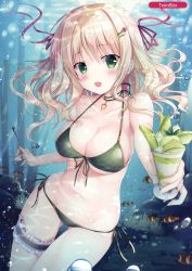 Rule 34 | 1girl, absurdres, aquarium, bikini, blonde hair, blush, breasts, bridal garter, circle name, cleavage, clownfish, collarbone, cup, fish, food, front-tie bikini top, front-tie top, fruit, green bikini, green eyes, hair ornament, hair ribbon, hairclip, halterneck, heart collar, highres, hip focus, holding, holding cup, holding spoon, ice cream, large breasts, long hair, looking at viewer, melon, melonbooks, navel, open mouth, original, purple ribbon, ribbon, side-tie bikini bottom, smile, solo, sousouman, spoon, string bikini, sundae, swimsuit, thighs, tropical fish, wavy hair