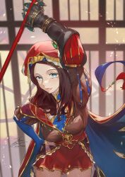 Rule 34 | 1girl, aqua eyes, arm up, blue gloves, breasts, brown dress, brown hair, cape, closed mouth, commentary, dress, elbow gloves, fadingz, fate/grand order, fate (series), gloves, gold trim, hand on own hip, hat, highres, holding, large breasts, leonardo da vinci (fate), lips, long hair, looking at viewer, mechanical arms, mixed-language commentary, pink lips, pixiv id, pleated skirt, puff and slash sleeves, puffy short sleeves, puffy sleeves, red cape, red hat, red skirt, short sleeves, signature, single glove, single mechanical arm, skirt, solo, two-tone cape