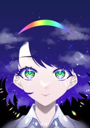 Rule 34 | 1girl, absurdres, blue hair, cloak, close-up, closed mouth, cloud, cloudy sky, commentary request, eyelashes, hairband, highres, lips, looking at viewer, multicolored eyes, multicolored hairband, rainbow eyes, rainbow gradient, short hair, sky, smile, solo, star (sky), starry sky, tenkyuu chimata, touhou, user pymc8558, white cloak