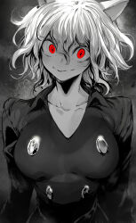 Rule 34 | 1girl, absurdres, animal ears, breasts, buttons, collarbone, eyelashes, greyscale, hair between eyes, highres, hunter x hunter, looking at viewer, medium breasts, monochrome, neferpitou, niwarhythm, parted lips, red eyes, shirt, short hair, simple background, solo, spot color, upper body, v-neck