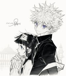 Rule 34 | alluka zoldyck, blue eyes, blunt bangs, brother and sister, character name, closed mouth, eye focus, from side, hairband, height difference, highres, hunter x hunter, killua zoldyck, long hair, long sleeves, looking at viewer, looking to the side, parted lips, pigeon666, purple eyes, ribbed sweater, shirt, short hair, siblings, signature, sleeves past wrists, smile, spiked hair, spot color, sweater