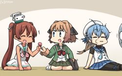 Rule 34 | 3girls, bag, black ribbon, blonde hair, blue eyes, blue hair, blue neckerchief, blue ribbon, blush, brown hair, candy, chibi, closed eyes, closed mouth, dress, food, gradient background, gradient hair, green jacket, green skirt, hachijou (kancolle), hair ribbon, hamu koutarou, hand fan, hat, highres, jacket, kantai collection, libeccio (kancolle), lollipop, long hair, long sleeves, looking at viewer, mini hat, multicolored hair, multiple girls, neckerchief, one-hour drawing challenge, open mouth, pantyhose, pleated skirt, red eyes, red neckerchief, ribbon, sado (kancolle), sailor dress, sailor hat, school uniform, serafuku, short hair, sitting, skirt, sleeveless, smile, twintails