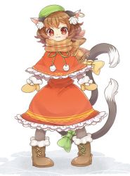 Rule 34 | 1girl, :3, animal ears, black pantyhose, blush, boots, bow, brown footwear, brown hair, capelet, cat ears, cat tail, chen, cross-laced footwear, full body, fur boots, hat, ibaraki natou, jewelry, lace-up boots, looking at viewer, mittens, multiple tails, nekomata, pantyhose, scarf, short hair, simple background, smile, snow boots, solo, tail, tail bow, tail ornament, touhou, two tails, white background