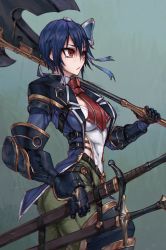 Rule 34 | 1girl, ass, axe, blue bow, blue hair, bow, breasts, commentary, english commentary, fantasy, hair bow, highres, holding, holding axe, jin grey paladin, mole, mole under eye, nisekoi, red eyes, sheath, sheathed, short hair, small breasts, solo, sword, tsugumi seishirou, twisted torso, weapon