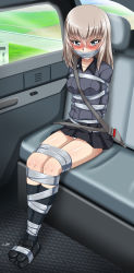 Rule 34 | 10s, 1girl, absurdres, bdsm, blue eyes, blush, bondage, bound, breasts, car, cyber22, duct tape, gag, girls und panzer, highres, improvised gag, itsumi erika, kidnapped, looking at viewer, motor vehicle, panties, skirt, small breasts, solo, tape, tape gag, underwear, upskirt, white hair, white panties