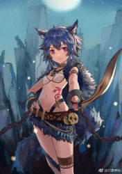 Rule 34 | animal ears, belt, bikini, bikini top only, blue hair, breasts, chain, choker, copyright request, cuffs, earrings, hand on own hip, huanxiang heitu, jewelry, looking at viewer, nail polish, navel, necklace, outdoors, parted lips, pink eyes, pointing weapon, saber (weapon), shackles, short hair, skirt, skull, slit pupils, small breasts, solo, swimsuit, sword, tattoo, thigh strap, watermark, weapon, white bikini