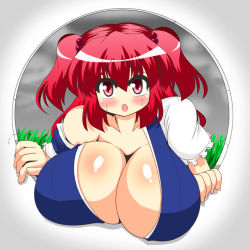Rule 34 | 1girl, akasode (tyaramu), breast rest, breasts, cleavage, female focus, gradient background, hair bobbles, hair ornament, huge breasts, onozuka komachi, plant, red eyes, red hair, short hair, solo, sweat, touhou, twintails, upper body