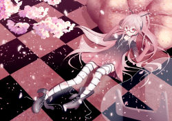 Rule 34 | 1girl, boots, checkered floor, cul, dress, female focus, floor, full body, glasses, long hair, lying, on back, original, plant, sitting, solo, striped clothes, striped thighhighs, thighhighs, vocaloid, vy1, yonasawa