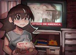 1girl 9/11 artist_name azumanga_daiou blush breasts brown_eyes brown_hair cake collarbone commentary english_commentary english_text food frown grey_shirt hair_behind_ear highres holding holding_plate ideac indoors looking_at_viewer medium_hair mihama_chiyo&#039;s_father nervous_sweating plate shirt small_breasts solo stuffed_animal stuffed_cat stuffed_toy sweat takino_tomo television