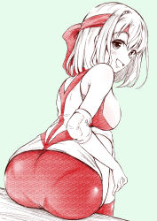 Rule 34 | 1girl, aqua background, ass, bandana, bare shoulders, breasts, commentary request, elbow pads, from behind, girls und panzer, gym uniform, highres, kondou taeko, large breasts, looking at viewer, looking back, open mouth, red bandana, shiiba aki, short hair, short shorts, shorts, sitting, smile, solo