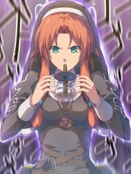 Rule 34 | 1girl, antenna hair, belt pouch, brown hair, bubble tea, bubble tea challenge, chiharu (9654784), drinking, drinking straw, drinking straw in mouth, eiyuu densetsu, green eyes, highres, jewelry, medallion, necklace, nun, pouch, ries argent, solo, sora no kiseki, sound effects, traditional nun, twintails