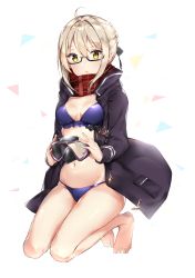 Rule 34 | 1girl, ahoge, artoria pendragon (fate), barefoot, bikini, black-framed eyewear, black coat, black ribbon, blue bikini, braid, breasts, cleavage, coat, collarbone, fate/grand order, fate (series), full body, glasses, groin, hair between eyes, hair ribbon, highres, holding, kneeling, kuran (yourcatissick), looking at viewer, mysterious heroine x alter (fate), mysterious heroine x alter (first ascension) (fate), navel, open clothes, open coat, parted lips, red scarf, ribbon, scarf, semi-rimless eyewear, shiny clothes, sidelocks, silver hair, simple background, small breasts, solo, swimsuit, under-rim eyewear, white background, yellow eyes