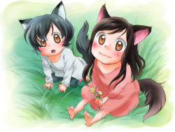 Rule 34 | 1boy, 1girl, age difference, ame (ookami kodomo), animal ears, barefoot, brother and sister, brown eyes, flower, grass, looking at viewer, nawoko, older sister, ookami kodomo no ame to yuki, open mouth, siblings, smile, tail, younger brother, yuki (ookami kodomo)