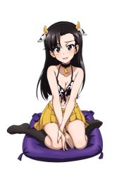Rule 34 | 1girl, animal ears, animal print, artist request, bell, bikini, black eyes, black hair, blush, breasts, cleavage, collar, collarbone, cow ears, cow girl, cow horns, cow print, fake animal ears, fake horns, full body, girls und panzer, highres, horns, large breasts, long hair, looking at viewer, miniskirt, neck bell, nishi kinuyo, open mouth, pillow, simple background, sitting, skirt, smile, solo, source request, swimsuit, white background, yellow skirt