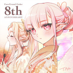 Rule 34 | 2girls, alternate hairstyle, anniversary, artist name, aurora (fate), blonde hair, blush, butterfly hair ornament, closed eyes, coral (fate), fairy, fairy wings, fate/grand order, fate (series), gradient background, hair bun, hair ornament, hand fan, holding, holding fan, japanese clothes, kimono, long hair, looking at viewer, multiple girls, multiple wings, official art, pink eyes, pointy ears, ponytail, taa (acid), wings