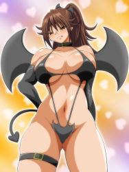 Rule 34 | 00s, 1girl, bare shoulders, blush, breasts, brown eyes, brown hair, cleavage, collar, costume, eyes visible through hair, gloves, gluteal fold, halloween, halloween costume, hand on own hip, head wings, heart, heart background, highres, huge breasts, ichigo 100 percent, inabakun00, kitaooji satsuki, long hair, looking at viewer, matching hair/eyes, navel, ponytail, smile, solo, standing, tail, tongue, tongue out, wings