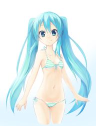 Rule 34 | 1girl, aqua eyes, aqua hair, bikini, breasts, cropped legs, female focus, front-tie top, gradient background, hatsune miku, highres, long hair, looking at viewer, manmaru tamago, navel, side-tie bikini bottom, simple background, small breasts, smile, solo, striped bikini, striped clothes, swimsuit, twintails, very long hair, vocaloid, white background