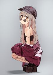 Rule 34 | 1girl, absurdres, alternate costume, bare shoulders, baseball cap, black camisole, black hat, brown eyes, camisole, commentary, fishnet pantyhose, fishnets, from side, full body, grey background, grey hair, hat, highres, jacket, joylispark, long hair, looking at viewer, multicolored hair, onii-chan wa oshimai!, oyama mahiro, pantyhose, pink hair, platform footwear, platform heels, red jacket, simple background, solo, spaghetti strap, squatting, strap slip, sunglasses, two-tone hair